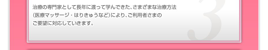 治療の専門家として長年に渡って学んできた、さまざまな治療方法（医療マッサージ・はりきゅうなど）により、ご利用者さまのご要望に対応していきます。